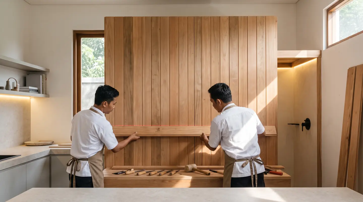 Tukang merakit panel dinding sauna berlapis foil dan rockwool di bengkel Bogor