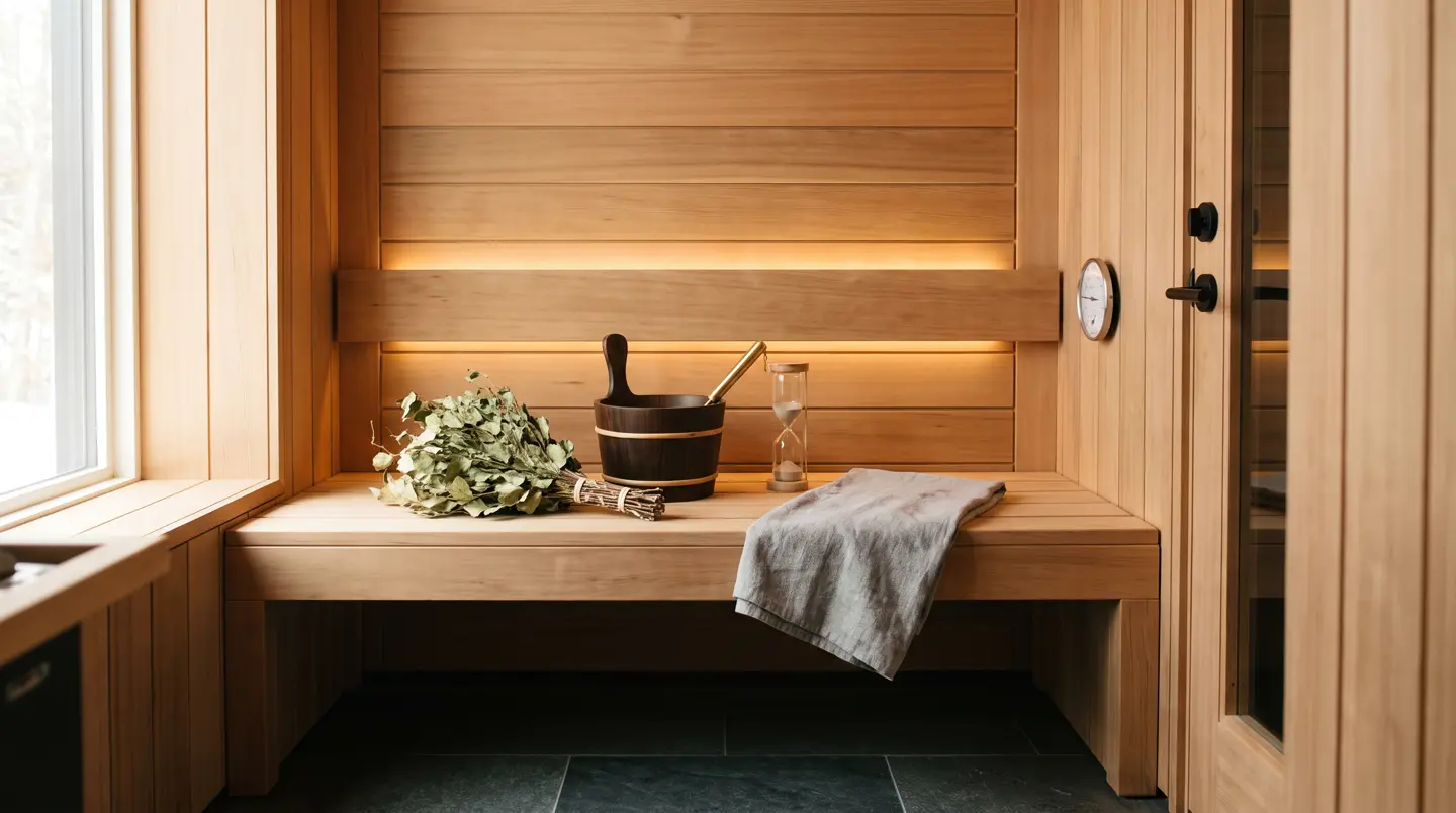 Aksesori sauna: veniki, ember kayu, gayung kuningan, jam pasir dan termometer