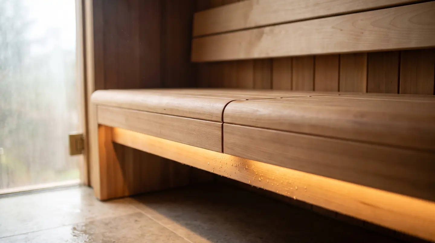 Detail sambungan presisi bangku sauna kayu cedar dengan LED hangat tersembunyi