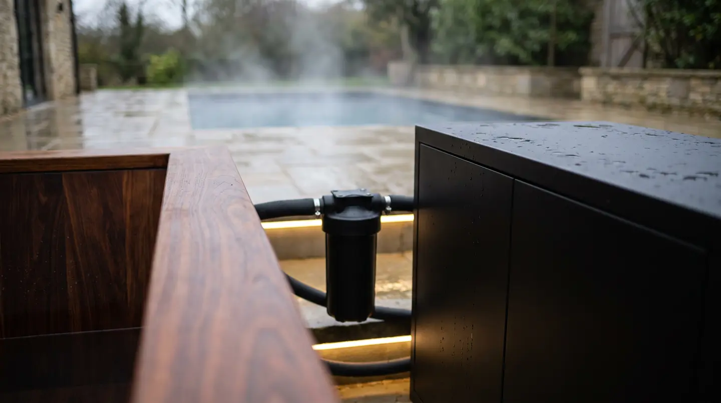 Detail chiller hitam modern dan selang terisolasi di samping ice bath kayu jati
