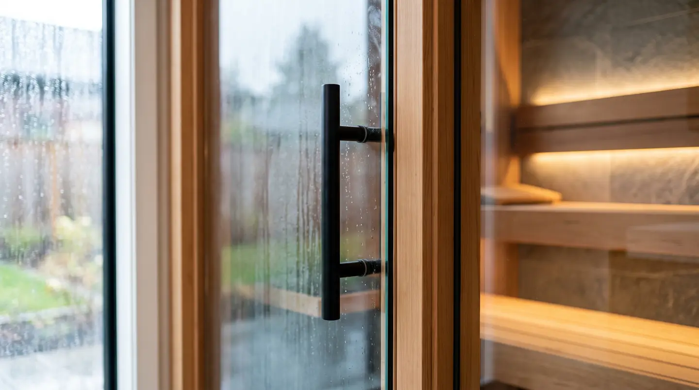 Detail pintu kaca tempered sauna dengan handle hitam matte dan seal magnetik