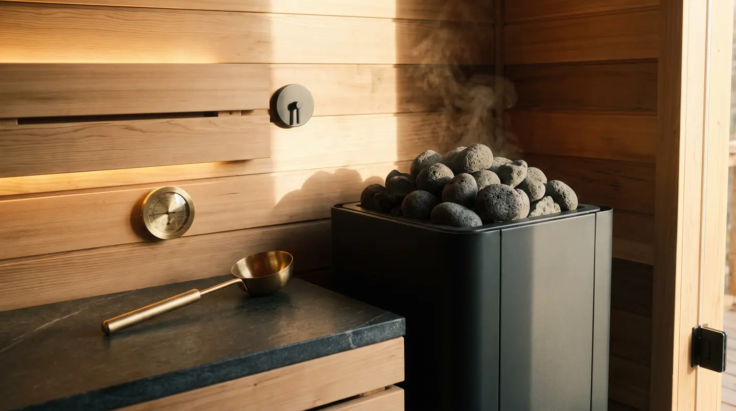 Detail heater sauna hitam berisi batu vulkanik dengan gayung kuningan dan termometer