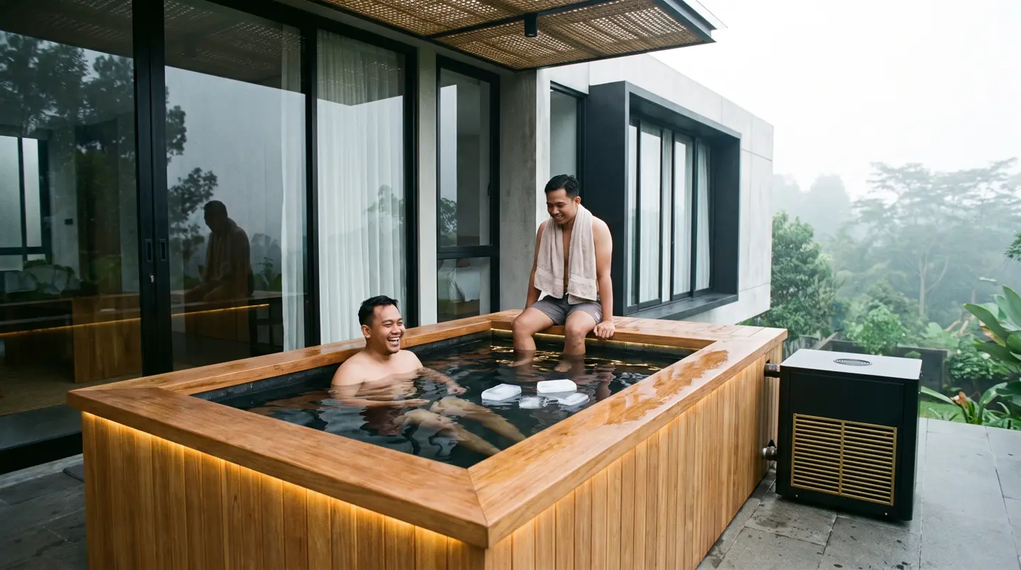 Ice bath kayu dengan chiller di taman vila Ciawi Bogor usai hujan