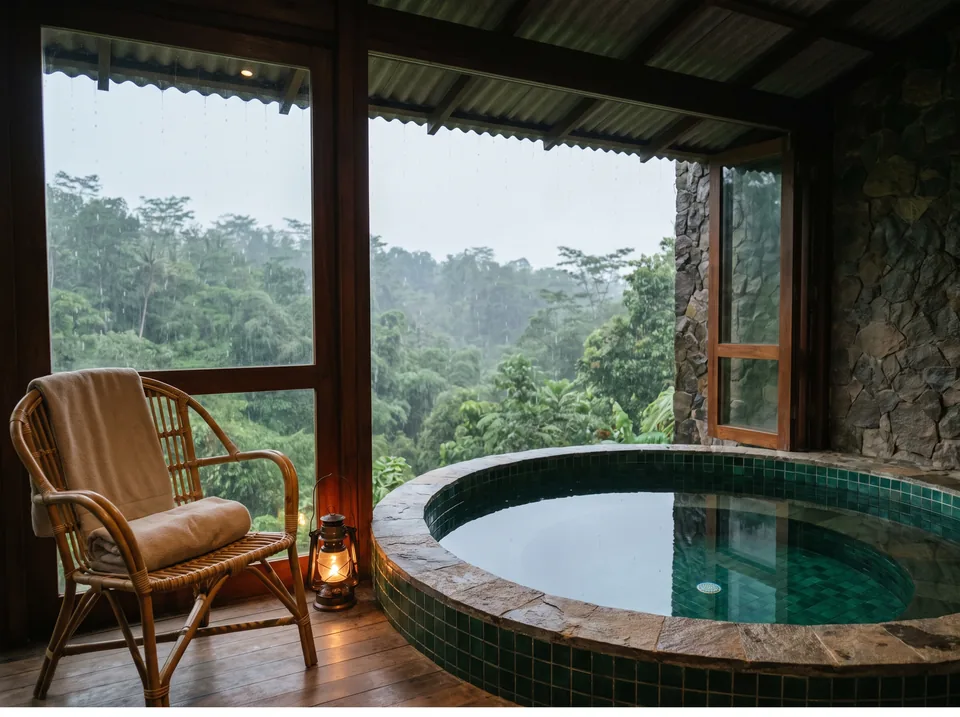 Kolam plunge bulat mosaik emerald di teras tertutup vila Sentul saat hujan