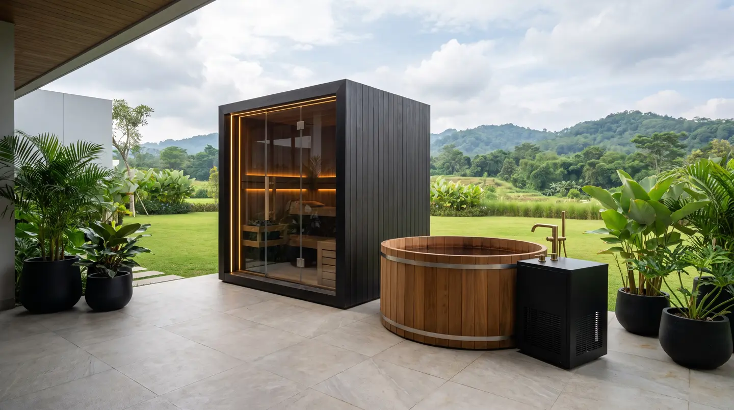 Sauna dan ice bath kayu jati terpasang di Sentul City, Bogor