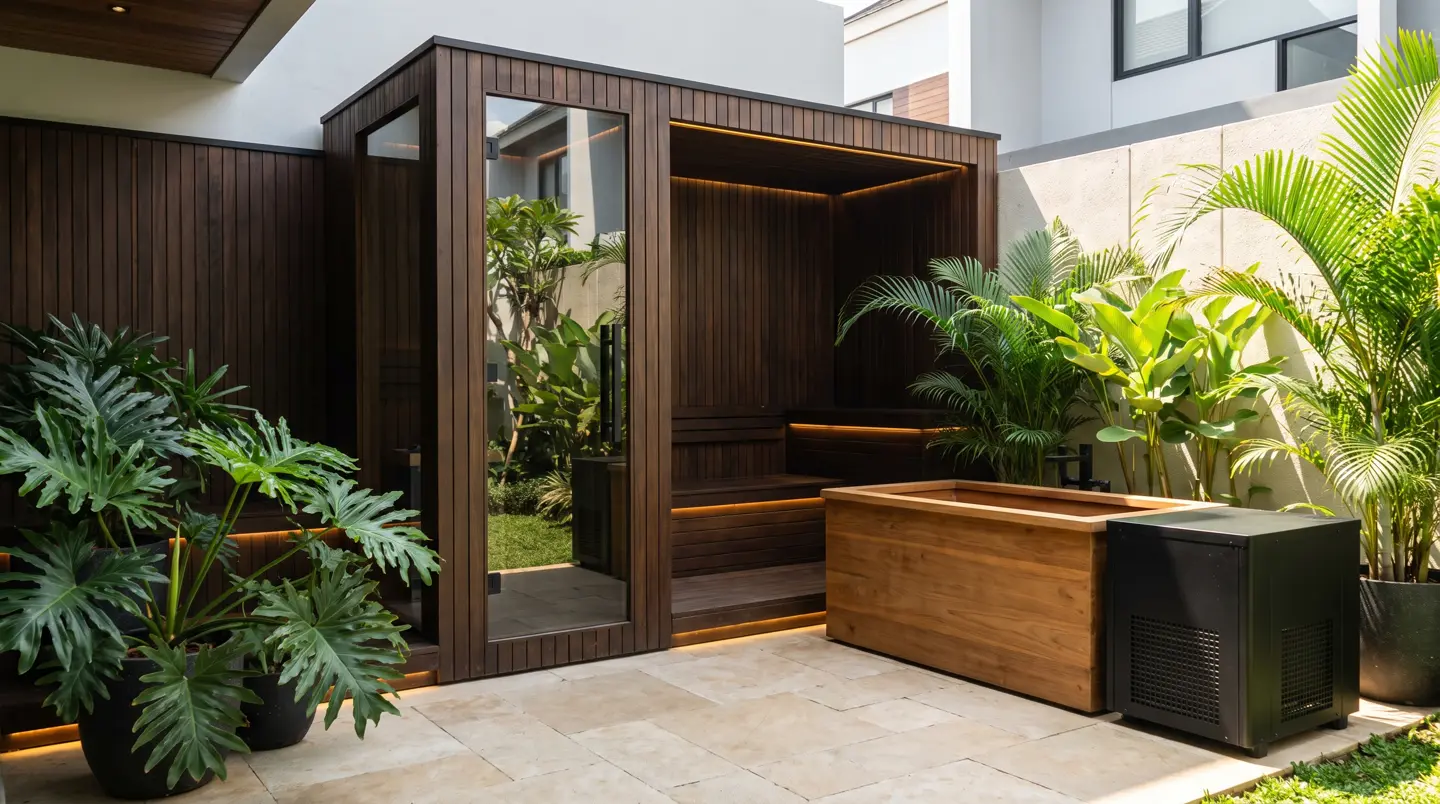 Sauna dan ice bath kayu jati terpasang di Gunung Putri & Kota Wisata, Bogor