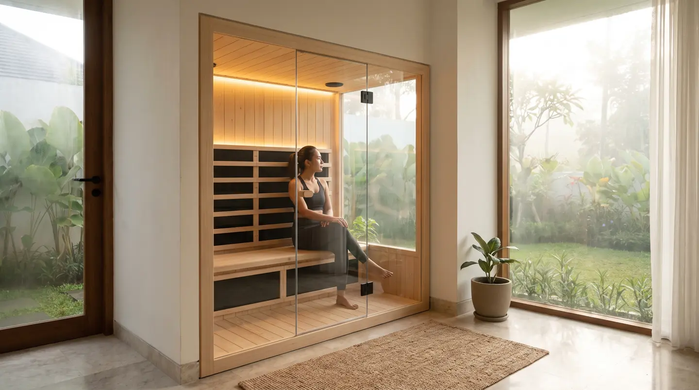 Kabin sauna infrared 1–2 orang di sudut kamar vila Sentul
