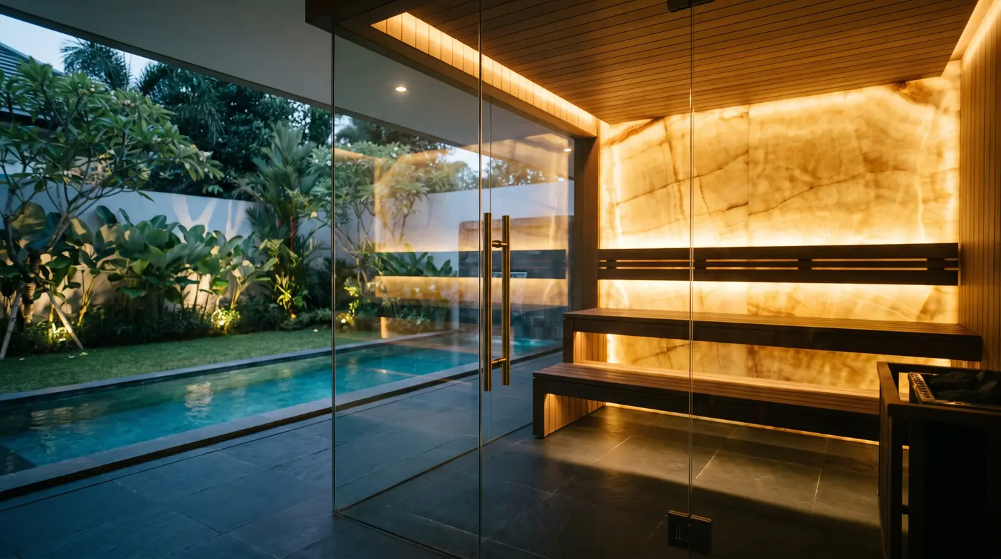 Sauna mewah custom dinding kaca dan batu onyx di vila Bogor