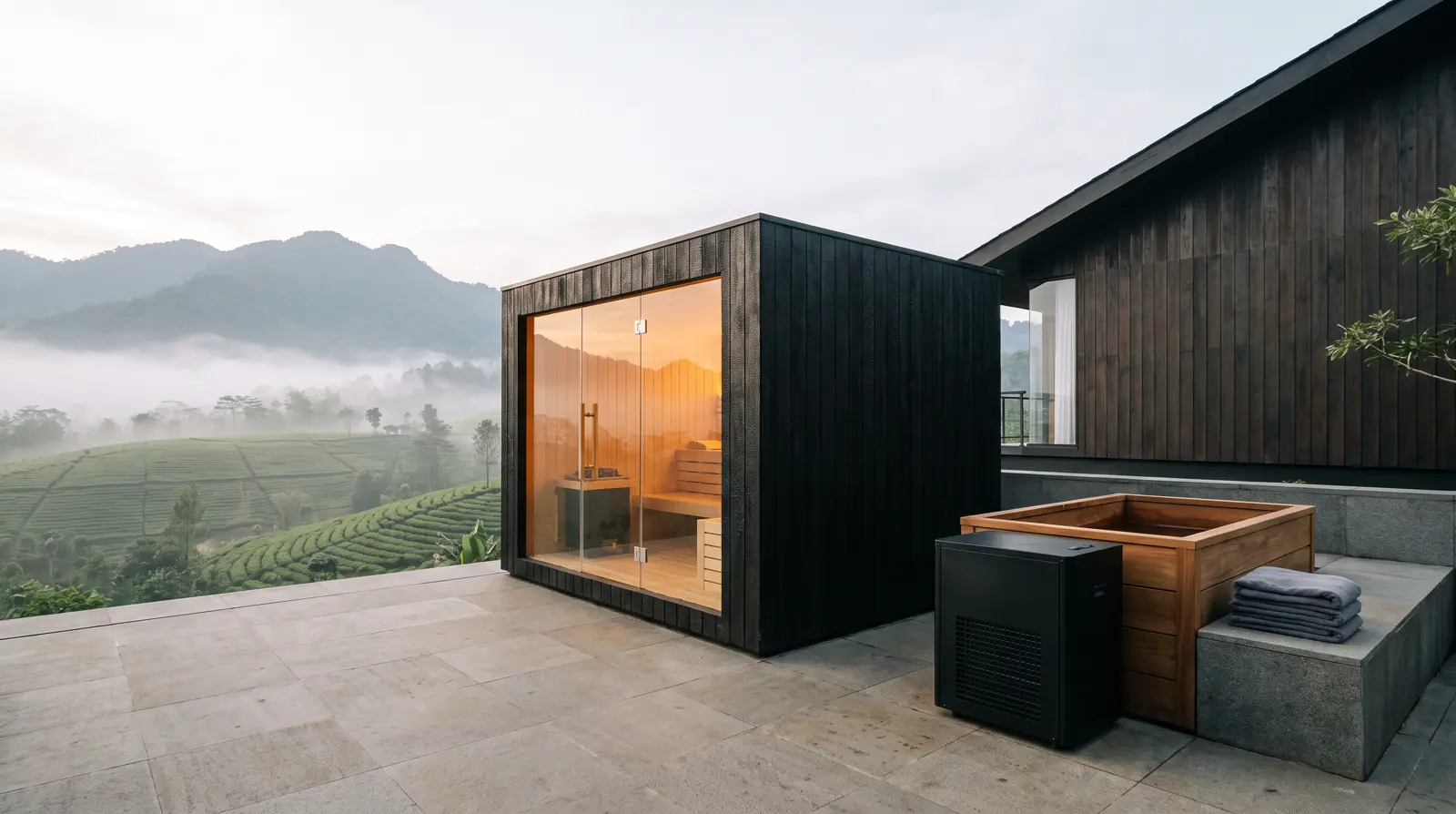 Kabin sauna kayu beratap sabak di vila Puncak Bogor saat fajar