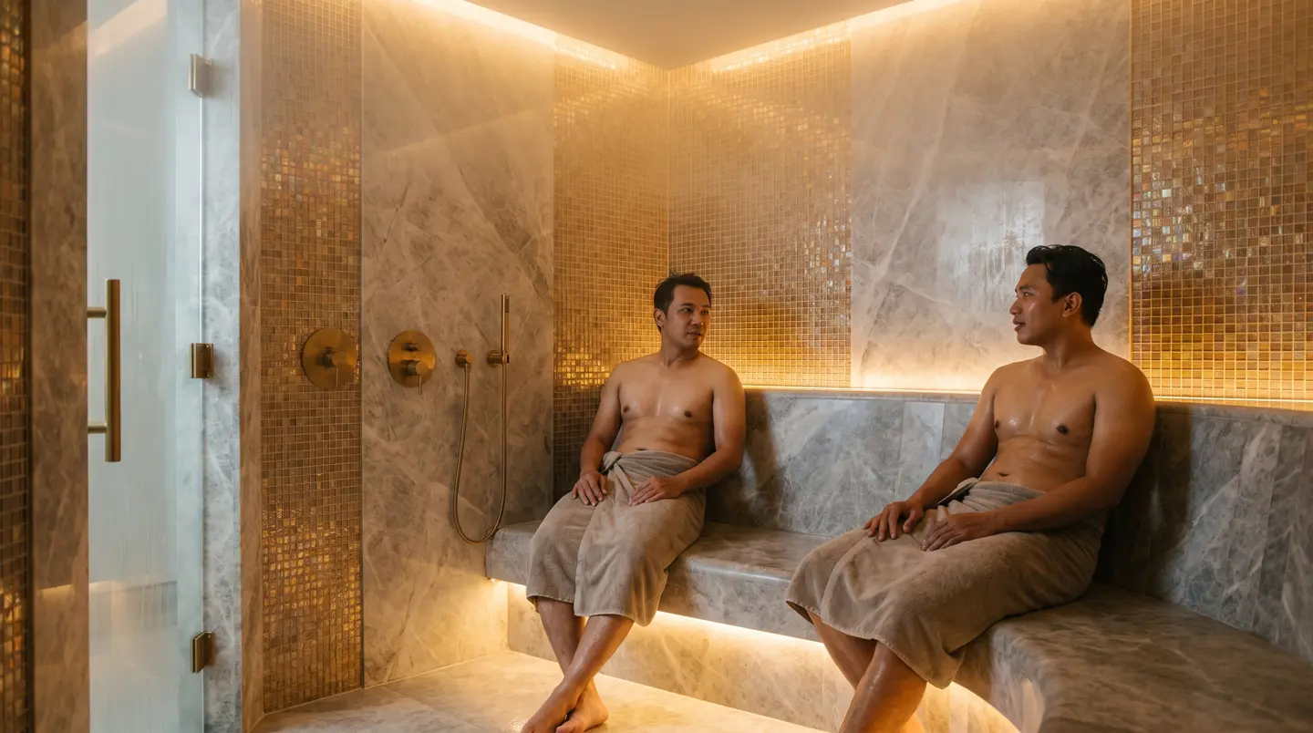 Steam room rumah dengan mosaik biru hijau dan pintu kaca di Bogor
