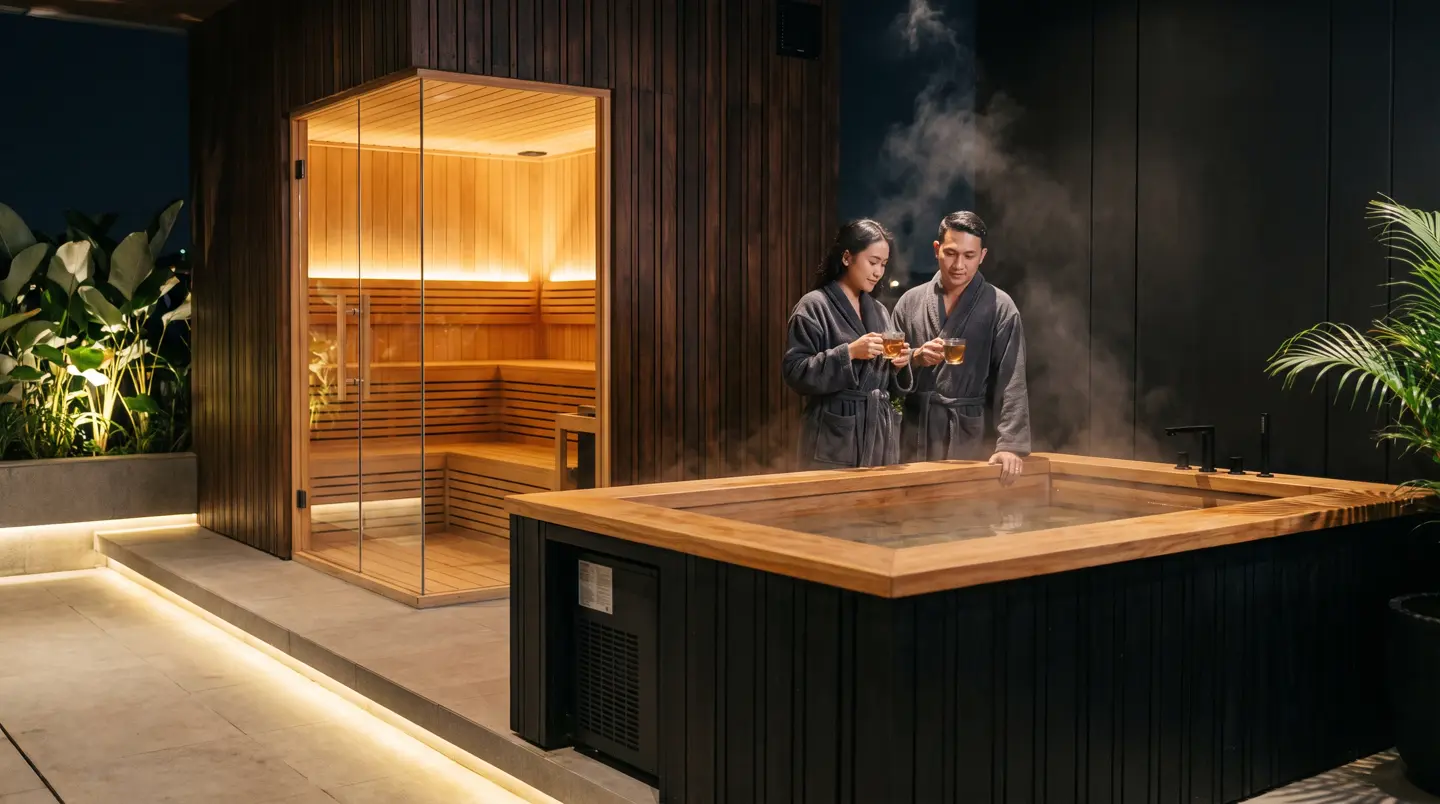 Teras wellness malam hari dengan sauna kaca menyala dan ice bath berchiller hitam di Bogor